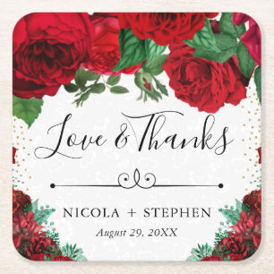 Porta-copo De Papel Quadrado Rosas Vermelhas Glam Watercolor Casamento