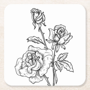 Porta-copo De Papel Quadrado Rosas Vintage Flores Preto Branco Casamento