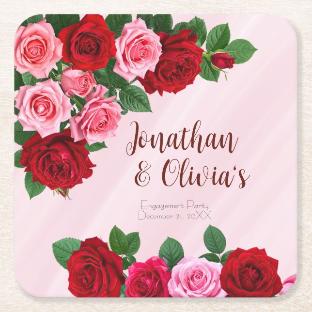 Porta-copo De Papel Quadrado Roses Engagement Party (Frente)