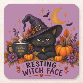Porta-copo De Papel Quadrado Rosto de Bruxa Relaxada Gato Preto Halloween