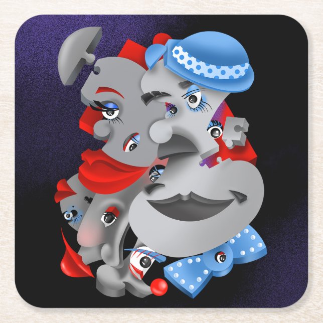 Porta-copo De Papel Quadrado Rostos Quebra-cabeça surreais (Frente)