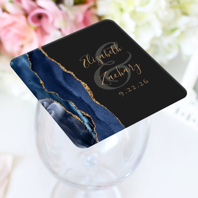 Porta-copo De Papel Quadrado Roteiro de Geodo de Ágata Azul Marinho Dourado Cas (Criador carregado)