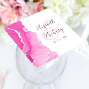 Porta-copo De Papel Quadrado Roteiro de Geodo de Ágata Casamento Rosa Prata