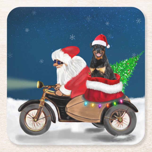 Porta-copo De Papel Quadrado Rottweiler Cachorro Natal Papai Noel (Frente)