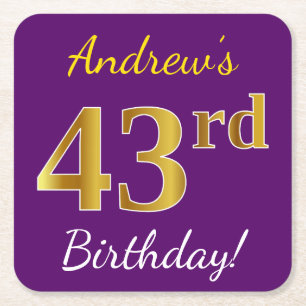 Porta-copo De Papel Quadrado Roxo, aniversário do ouro do falso 43rd + Nome