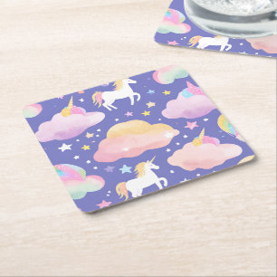 Porta-copo De Papel Quadrado Roxo Arco-íris fofo unicórnio aniversário meninas