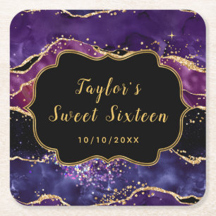 Porta-copo De Papel Quadrado Roxo Escuro e Lantejoulas Douradas Agate Sweet Six