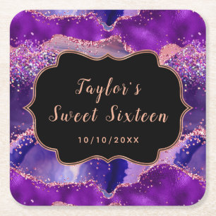 Porta-copo De Papel Quadrado Roxo Escuro e Lantejoulas Rosa Ágata Sweet Sixteen
