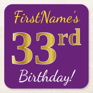 Porta-copo De Papel Quadrado Roxo, Faux Dourado 33º Aniversário + Nome Personal