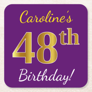Porta-copo De Papel Quadrado Roxo, Faux Dourado 48º Aniversário + Nome Person
