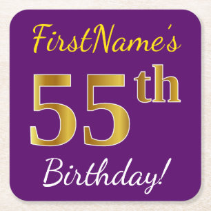 Porta-copo De Papel Quadrado Roxo, Faux Dourado 55.º Aniversário + Nome Perso