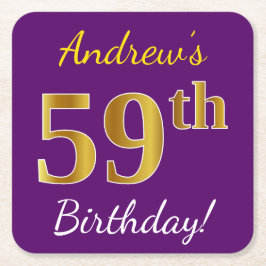 Porta-copo De Papel Quadrado Roxo, Faux Dourado 59º Aniversário + Nome Personal