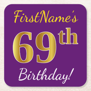 Porta-copo De Papel Quadrado Roxo, Faux Dourado 69 Aniversário + Nome Personal