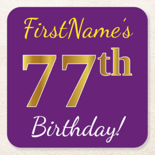 Porta-copo De Papel Quadrado Roxo, Faux Dourado 77.º Aniversário + Nome Persona