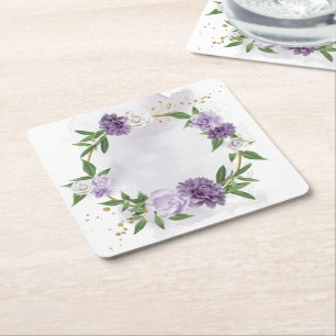 Porta-copo De Papel Quadrado roxo malva floral branco