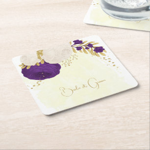 Porta-copo De Papel Quadrado roxo real & flores brancas dourado