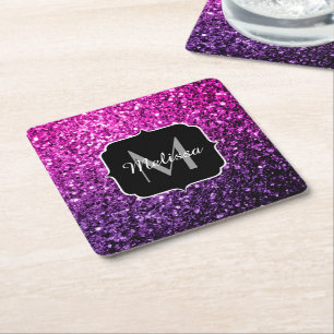 Porta-copo De Papel Quadrado Roxo Rosa Ombre brilho falso faísca Monograma