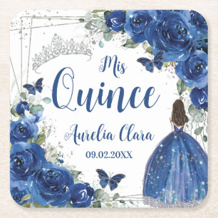 Porta-copo De Papel Quadrado Royal Blue Floral Princesa Silver Quinceañera