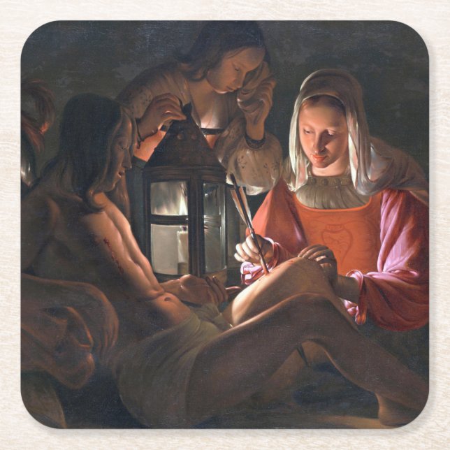 Porta-copo De Papel Quadrado Rua. Sebastian Embracado por Irene, La Tour (Frente)