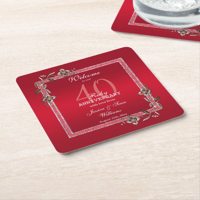 Porta-copo De Papel Quadrado Ruby Red Gems & Glitter Ruby 40TH Wedding (Inclinado)