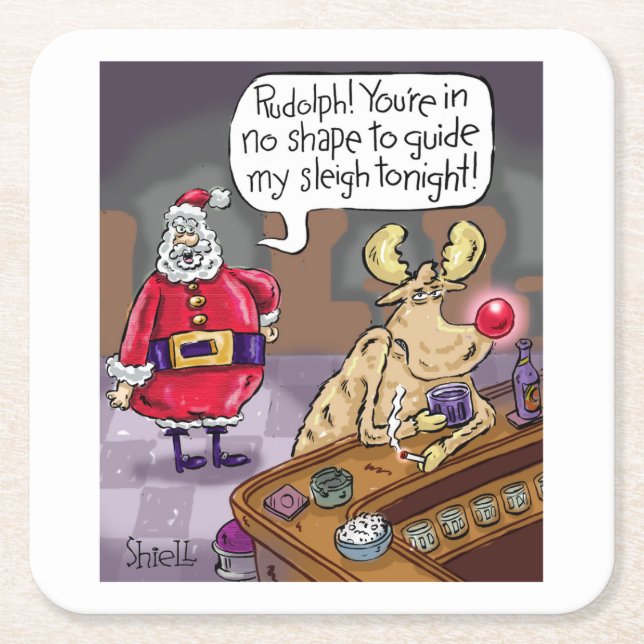 Porta-copo De Papel Quadrado Rudolph bêbado Rudolph Vermelho Nosed Reindeer (Frente)