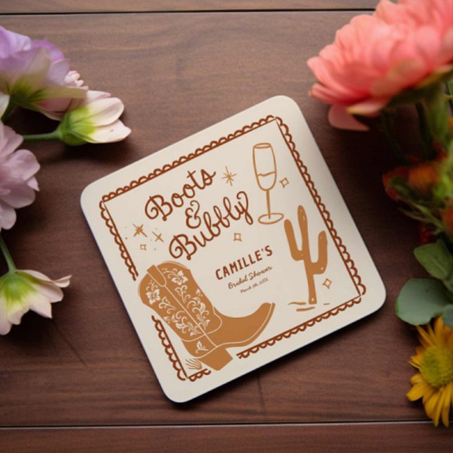 Porta-copo De Papel Quadrado Russo Ocidental Boots and Bubble Chá de panela (Country Western Boots and bubbly Bridal Shower Paper Coaster)
