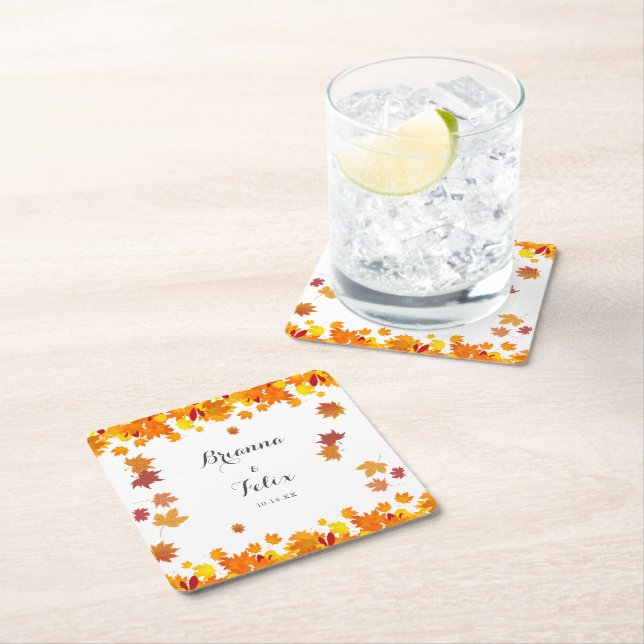 Porta-copo De Papel Quadrado Rustic Autumn Leaves Wedding (Insitu)