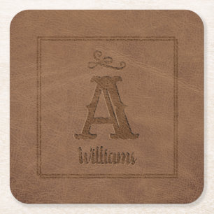 Porta-copo De Papel Quadrado Rustic Brown Faux Leather Custom Monograma Name