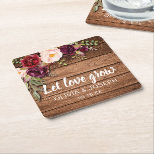 Porta-copo De Papel Quadrado Rustic Burgundy Floral Wood Weding Favor