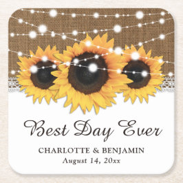 Porta-copo De Papel Quadrado Rustic Burlap Lace String Luz Sunflower Casamento