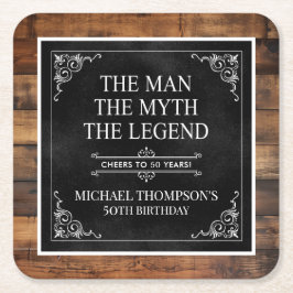 Porta-copo De Papel Quadrado Rustic Man Myth Legend 50th Birthday Black