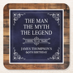 Porta-copo De Papel Quadrado Rustic Man Myth Legend 60th Birthday Marinho Blue