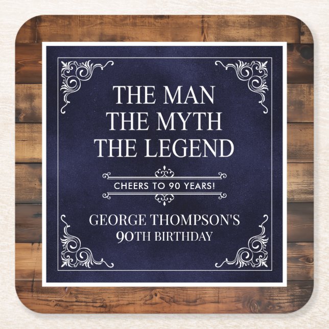 Porta-copo De Papel Quadrado Rustic Man Myth Legend 90 Birthday Marinho Blue (Frente)