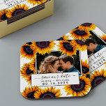 Porta-copo De Papel Quadrado Rustic sunflowers photo wedding save the date<br><div class="desc">Elegant easy to personalize rustic yellow gold sunflowers wedding photo save the date keepsake coaster with your custom picture and editable trendy hand-lettered style script text over a white background. A unique way of announcing your wedding date, suitable for summer or autumn fall garden backyard rustic modern outdoor wedding ceremonies...</div>