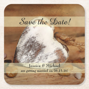 Porta-copo De Papel Quadrado Rustic Twine Wood Heart Save the Date