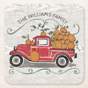 Porta-copo De Papel Quadrado Rustic Vintage Red Truck Pumpkins Nome da Família