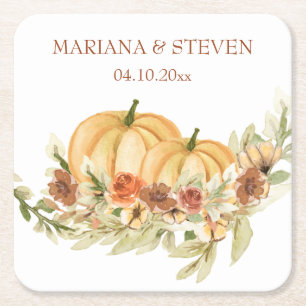 Porta-copo De Papel Quadrado Rustic Watercolor Fall in Love Pumpkin Weds