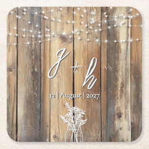 Porta-copo De Papel Quadrado Rustic Wood String Luzes Mason Jar Elegant Favores