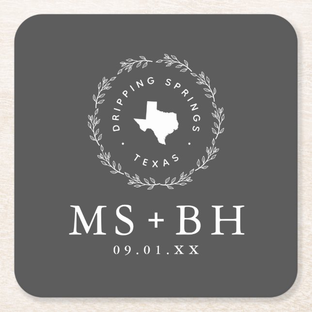 Porta-copo De Papel Quadrado Rustic Wreath Texas Wedding Monograma (Frente)