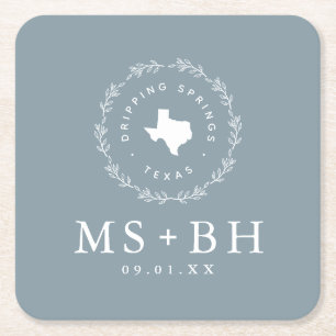 Porta-copo De Papel Quadrado Rustic Wreath Texas Wedding Monograma Azul poeir