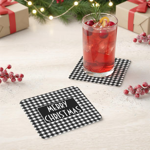 Porta-copo De Papel Quadrado Rústico Preto e Branco Xadrez Búfalo Feliz Natal