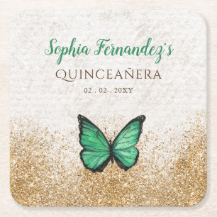 Porta-copo De Papel Quadrado Rústico Vintage Esmeralda Verde Dourado Borboleta 