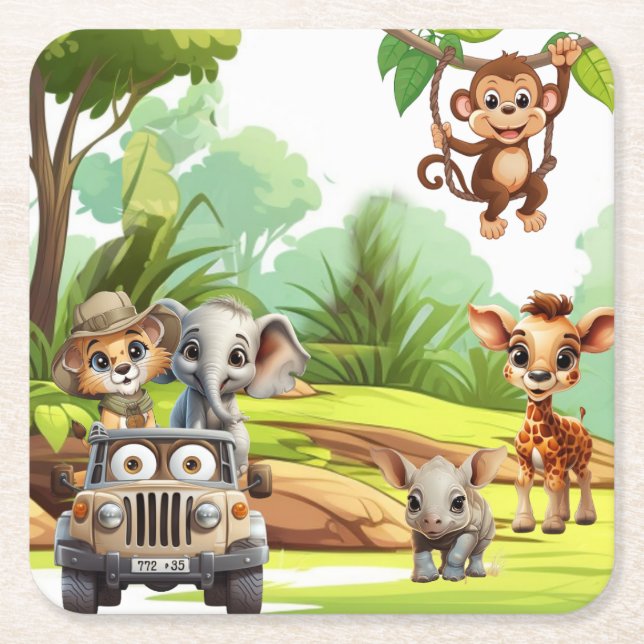 Porta-copo De Papel Quadrado Safari Jungle Animal Wild One 1st Birthday Party (Frente)