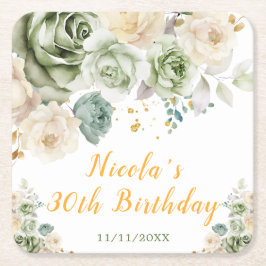 Porta-copo De Papel Quadrado Sage Green and Cream Floral Birthday Party