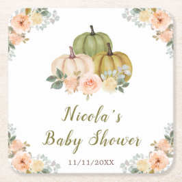 Porta-copo De Papel Quadrado Sage Green and Peach Floral Pumpkins Baby Shower