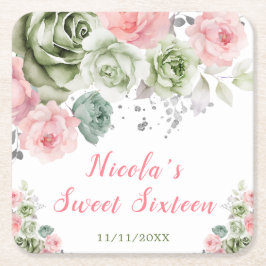 Porta-copo De Papel Quadrado Sage Green and Pink Floral Sweet Sixteen