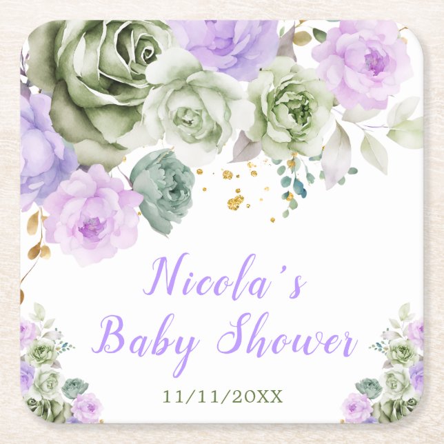 Porta-copo De Papel Quadrado Sage Green and Purple Floral Baby Shower (Frente)