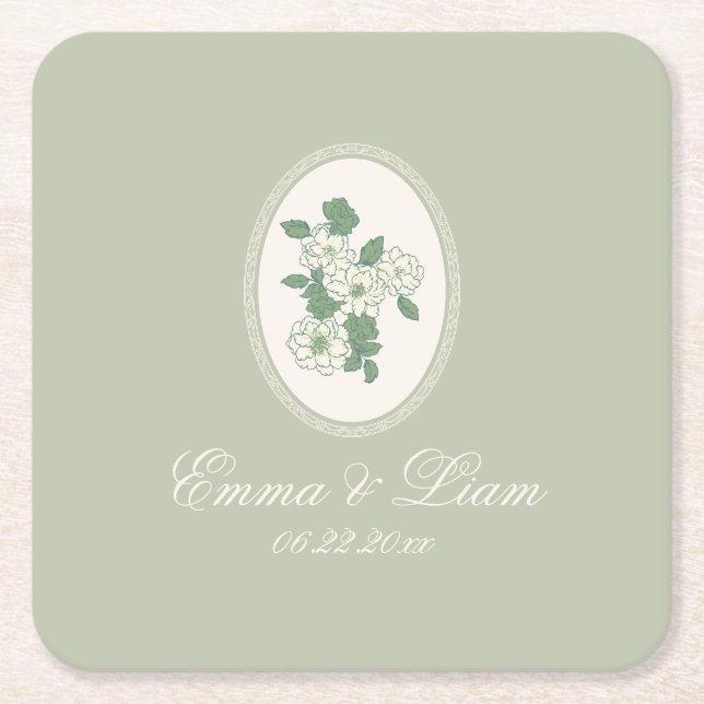 Porta-copo De Papel Quadrado Sage Green Custom Wedding Paper Coasters (Frente)