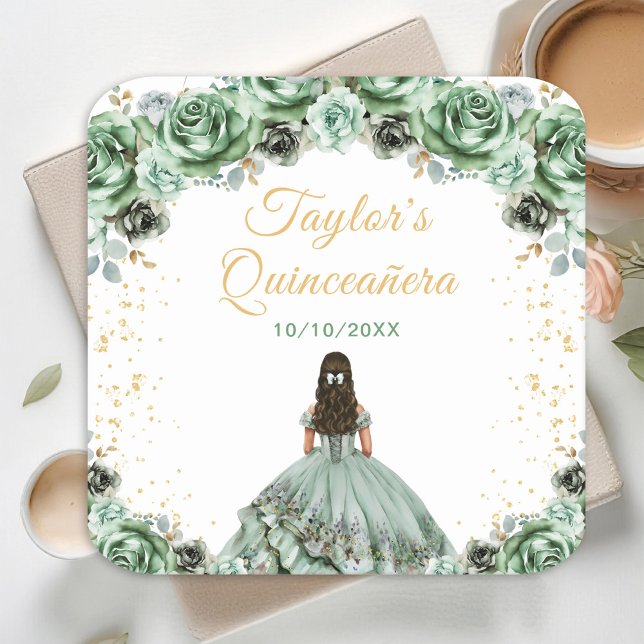 Porta-copo De Papel Quadrado Sage Green Princess Floral Quinceañera (Criador carregado)