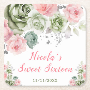 Porta-copo De Papel Quadrado Sage Verde e Rosa Floral Sweet Sixteen